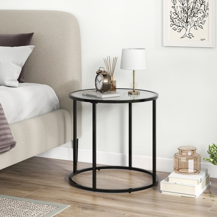 20 Inch Glass End Table with Metal Frame and Faux Marble Glass Top-Black and White