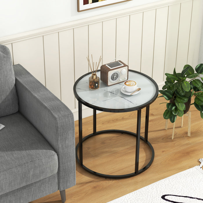 20 Inch Glass End Table with Metal Frame and Faux Marble Glass Top-Black and White