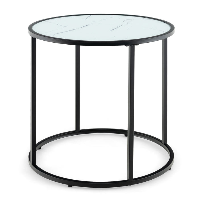 20 Inch Glass End Table with Metal Frame and Faux Marble Glass Top-Black and White