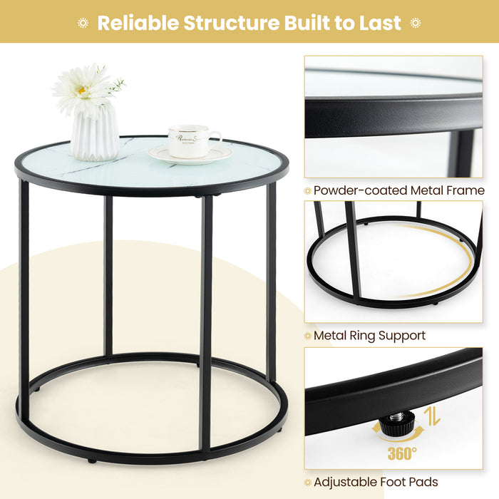 20 Inch Glass End Table with Metal Frame and Faux Marble Glass Top-Black and White