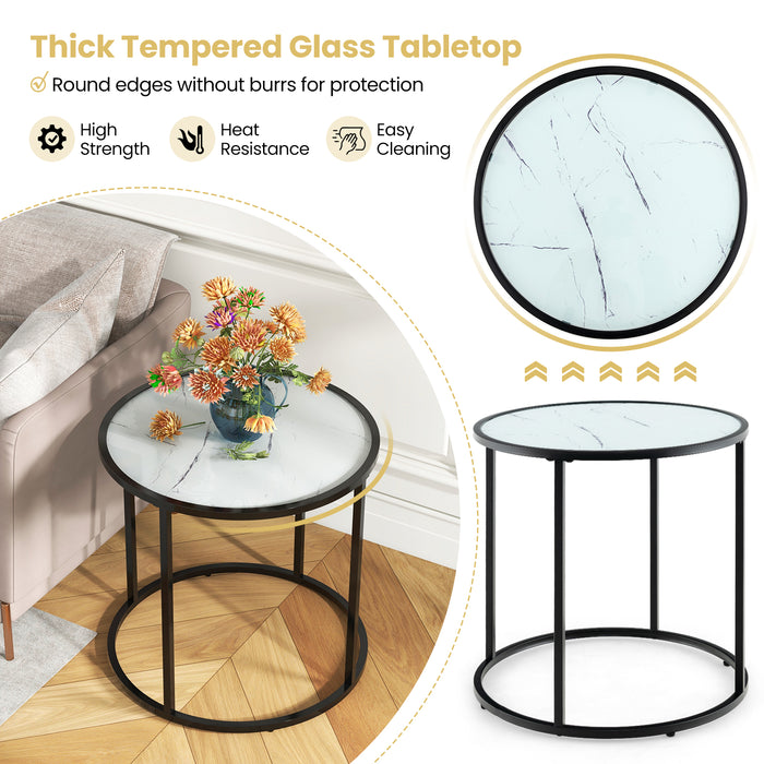 20 Inch Glass End Table with Metal Frame and Faux Marble Glass Top-Black and White