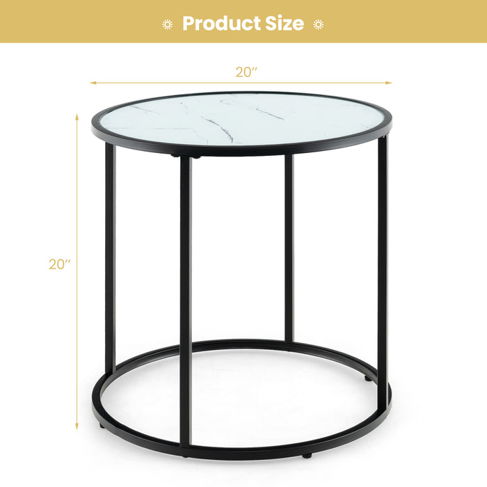 20 Inch Glass End Table with Metal Frame and Faux Marble Glass Top-Black and White