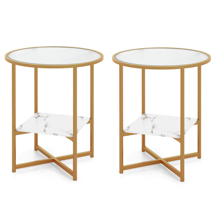 2-Tier Glass End Table Set of 2 with Faux Marble Storage Shelf-White