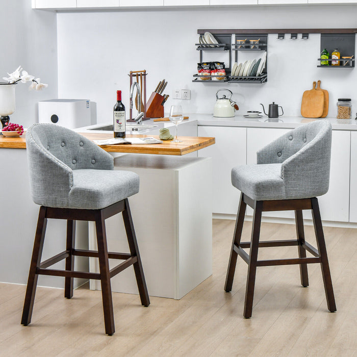 Set of 2 Swivel Bar Stools with Rubber Wood Legs and Padded Back-Gray