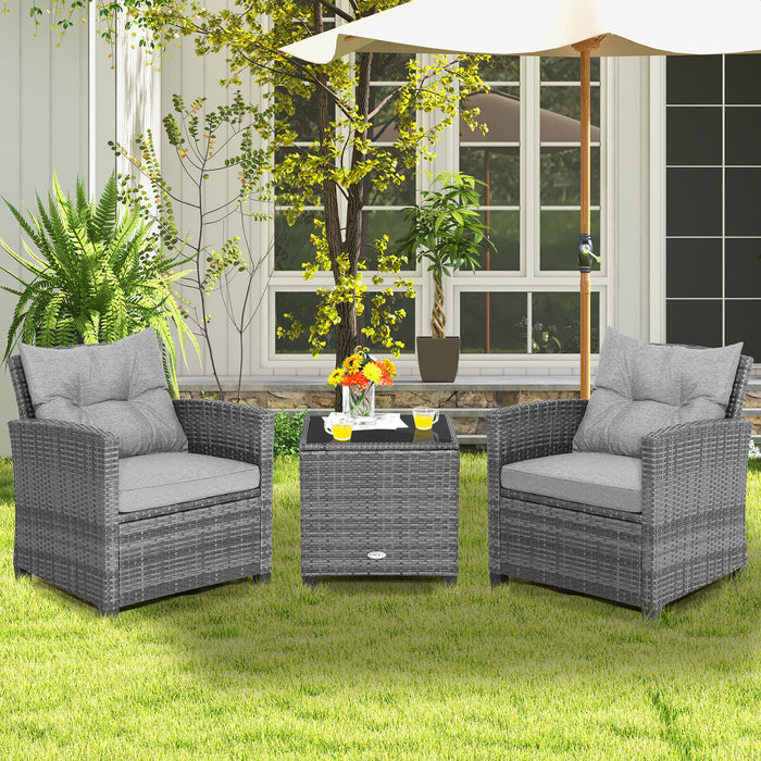 3 Pieces Outdoor Wicker Conversation Set with Tempered Glass Tabletop-Gray