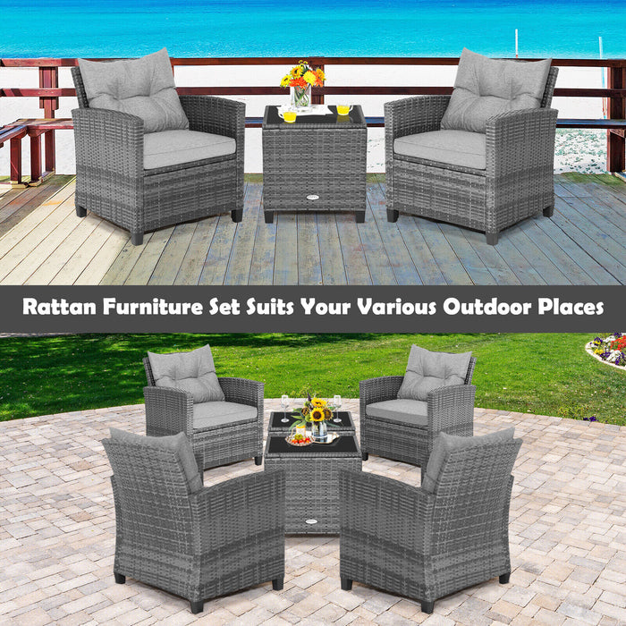 3 Pieces Outdoor Wicker Conversation Set with Tempered Glass Tabletop-Gray