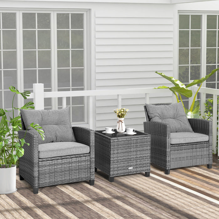 3 Pieces Outdoor Wicker Conversation Set with Tempered Glass Tabletop-Gray