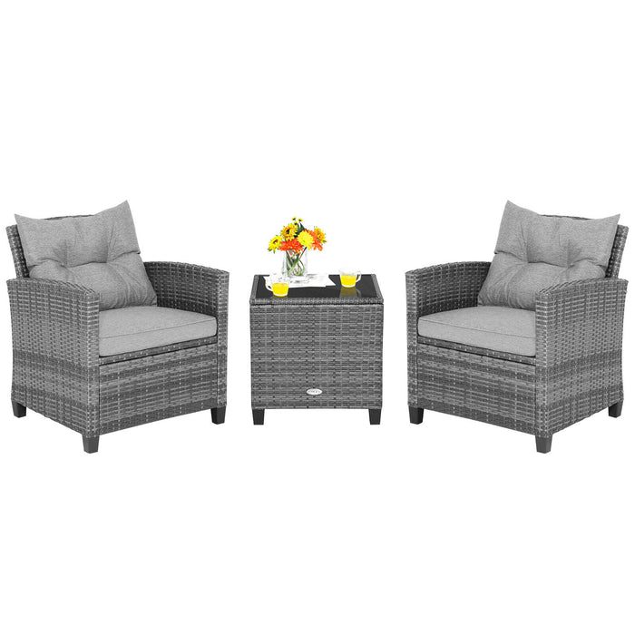 3 Pieces Outdoor Wicker Conversation Set with Tempered Glass Tabletop-Gray