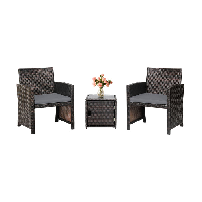 3 Pieces Patio Wicker Furniture Set with Storage Table and Protective Cover-Gray