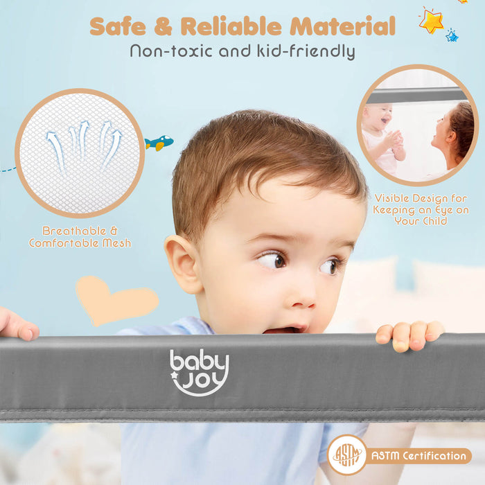 59 Inch Folding Breathable Baby Bed Rail Guard with Safety Strap-Gray