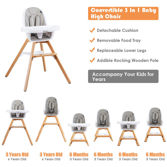 3-in-1 Convertible Wooden Baby High Chair-Gray