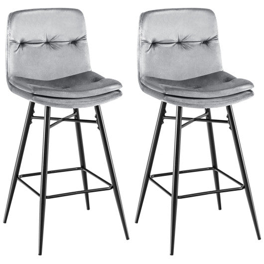 2 Pieces 29 Inch Velvet Bar Stools Set with Tufted Back and Footrests-Gray