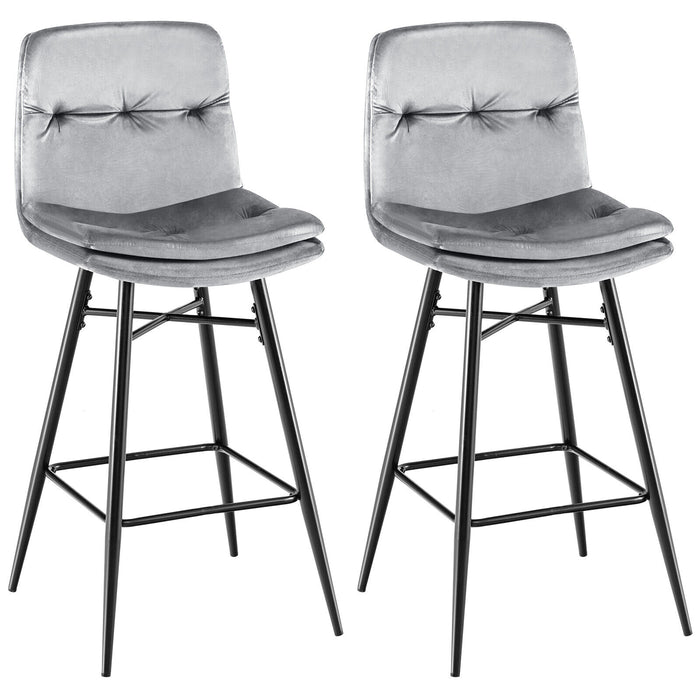 2 Pieces 29 Inch Velvet Bar Stools Set with Tufted Back and Footrests-Gray