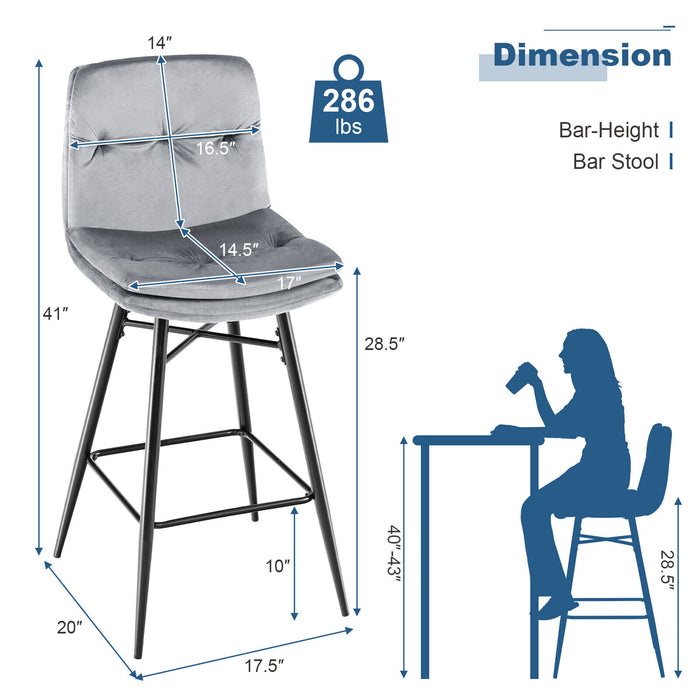 2 Pieces 29 Inch Velvet Bar Stools Set with Tufted Back and Footrests-Gray