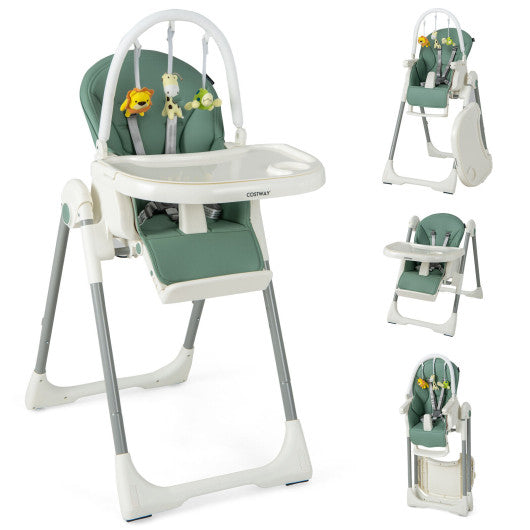 4-in-1 Foldable Baby High Chair with 7 Adjustable Heights and Free Toys Bar-Green