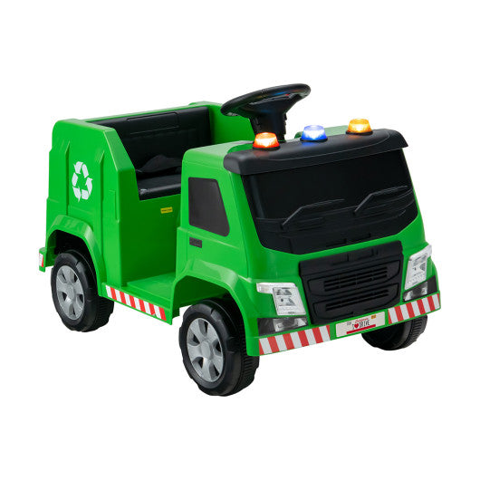 12V Kids Ride-on  Garbage Truck with Warning Lights and 6 Recycling Accessories-Green