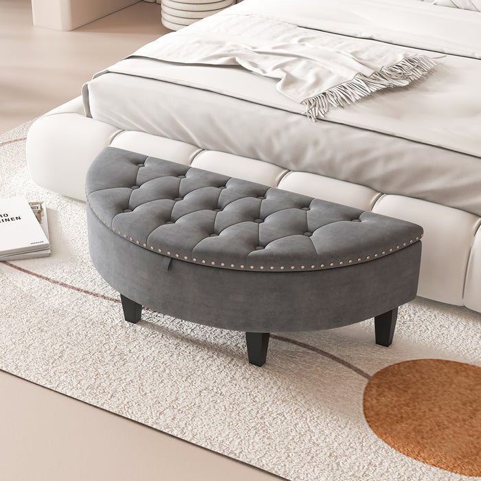 Half Moon Storage Bench with Rubber Wood Legs-Gray