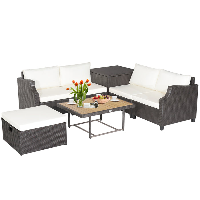 7 Pieces Hand-Woven Wicker Outdoor Furniture Set with Acacia Wood Coffee Table-White