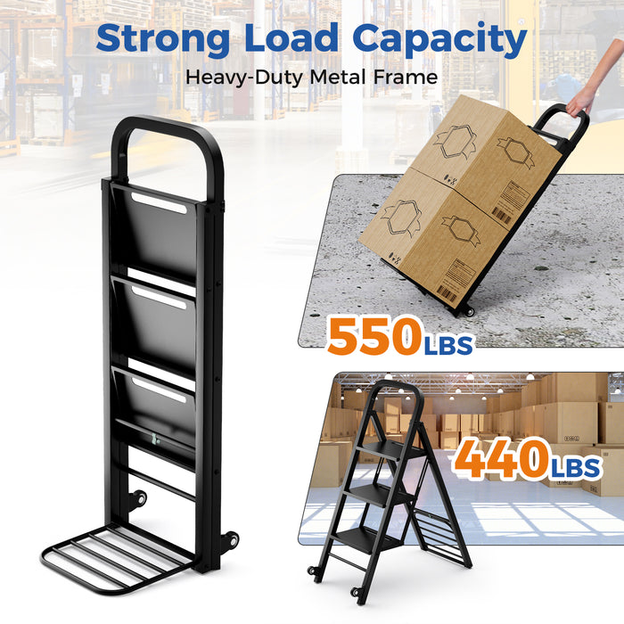 2 in 1 Hand Truck and Ladder Combo with Rubber Wheels and Handle