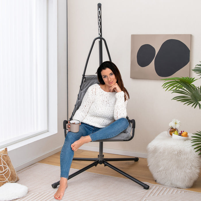 Hanging Chair with Stand and Extra Large Padded Seat-Gray