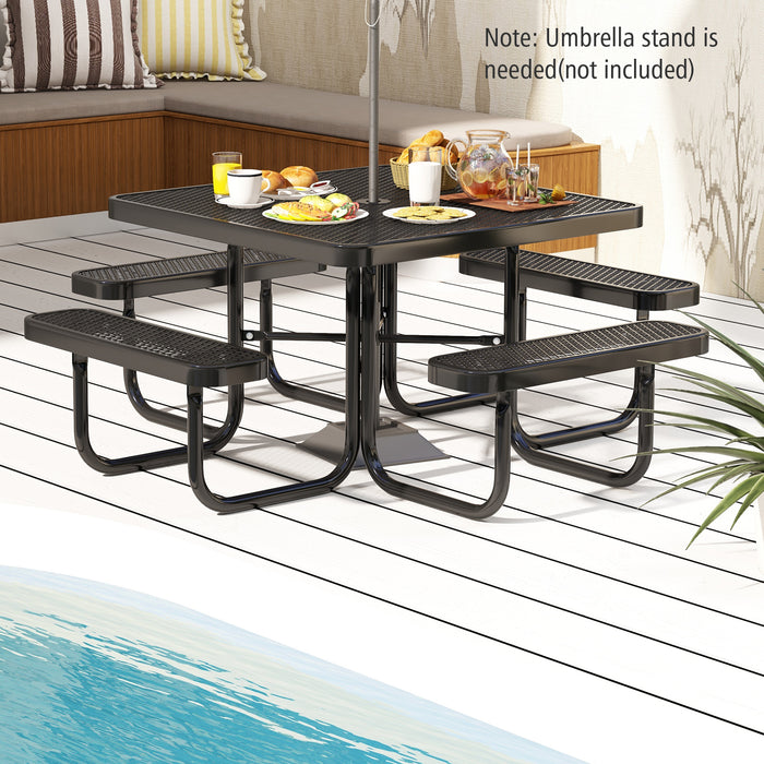 Square Picnic Table and Bench for 8 Person with Seats and Umbrella Hole-Black