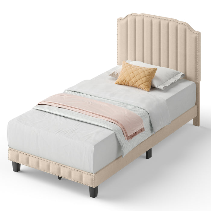 Heavy Duty Upholstered Bed Frame with Rivet Headboard-Twin Size