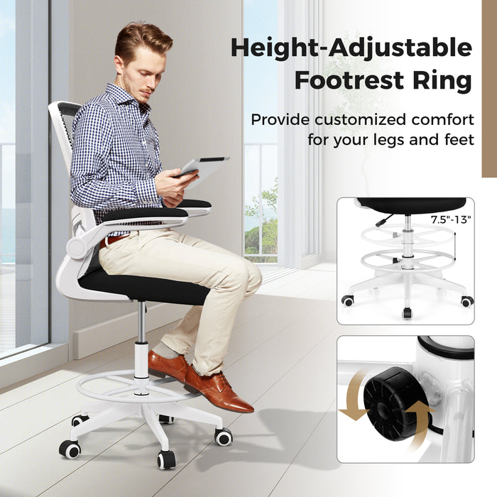 Height Adjustable Drafting Chair with Flip Up Arms for Home Office-White