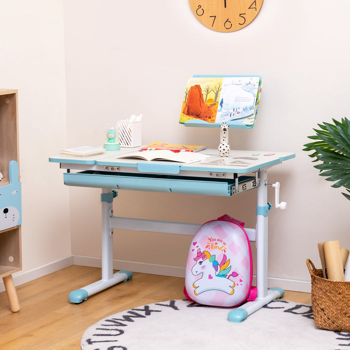 Height-Adjustable Kids Desk with Tilt Desktop and Book Stand-Blue