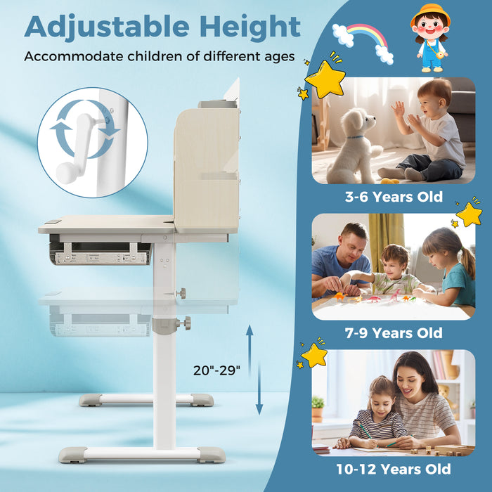 Height Adjustable Kids Study Desk with Tilt Desktop for 3-12 Years Old-Gray