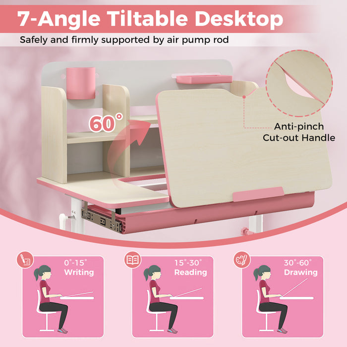 Height Adjustable Kids Study Desk with Tilt Desktop for 3-12 Years Old-Pink