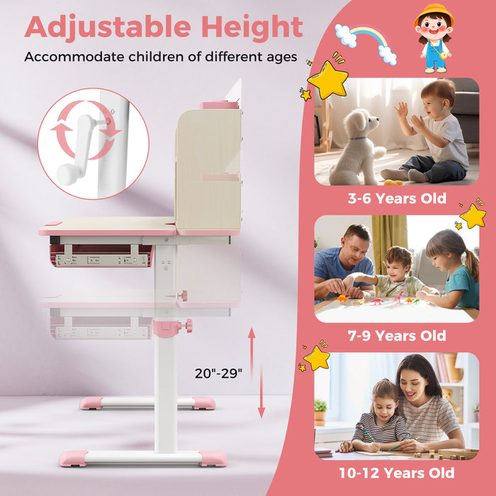 Height Adjustable Kids Study Desk with Tilt Desktop for 3-12 Years Old-Pink