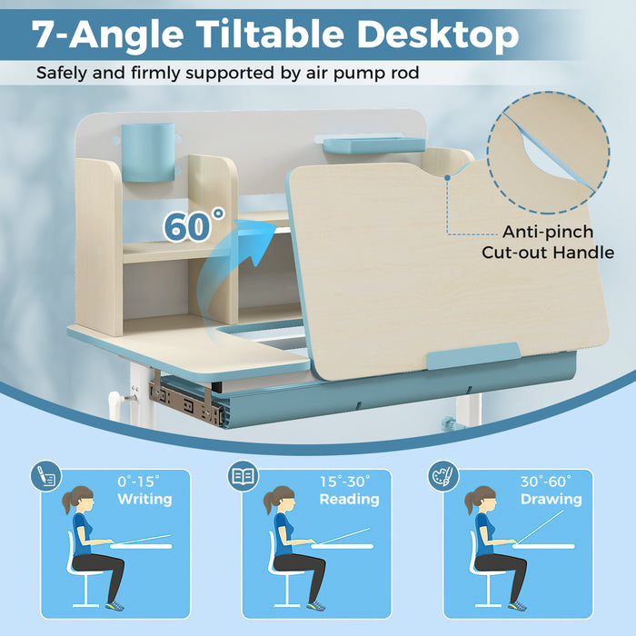 Height Adjustable Kids Study Desk with Tilt Desktop for 3-12 Years Old-Blue