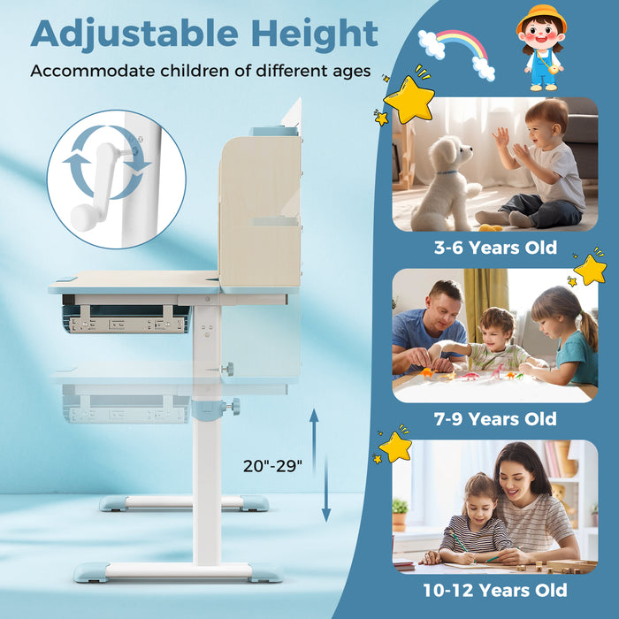 Height Adjustable Kids Study Desk with Tilt Desktop for 3-12 Years Old-Blue