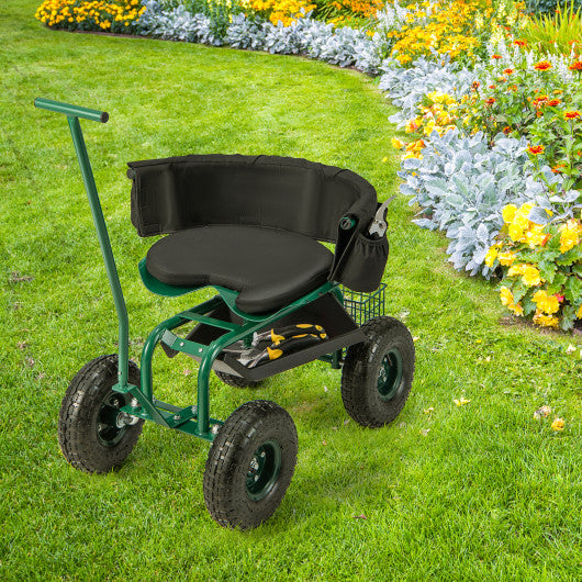 Rolling Garden Cart with Height Adjustable Swivel Seat and Storage Basket-Green