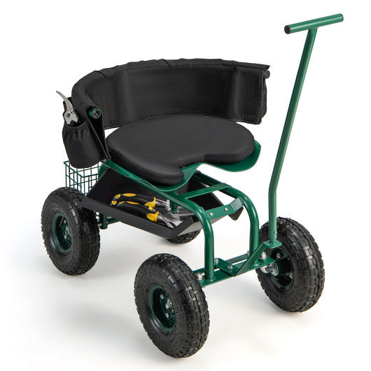 Rolling Garden Cart with Height Adjustable Swivel Seat and Storage Basket-Green