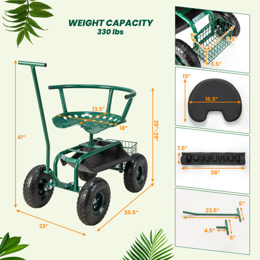 Rolling Garden Cart with Height Adjustable Swivel Seat and Storage Basket-Green