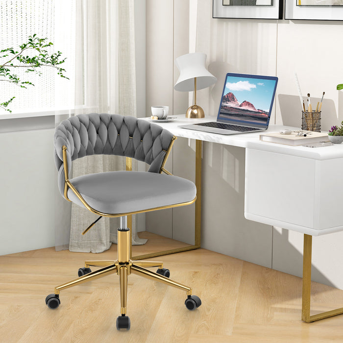 360Â° Height Adjustable Swivel Upholstered Desk Computer Chair with Hand-woven Back-Gray