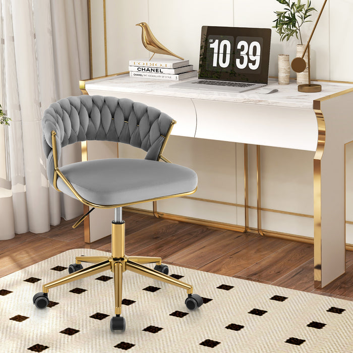 360Â° Height Adjustable Swivel Upholstered Desk Computer Chair with Hand-woven Back-Gray