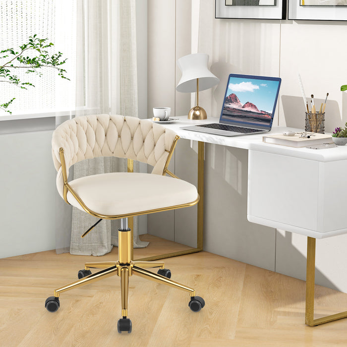 360Â° Height Adjustable Swivel Upholstered Desk Computer Chair with Hand-woven Back-Beige