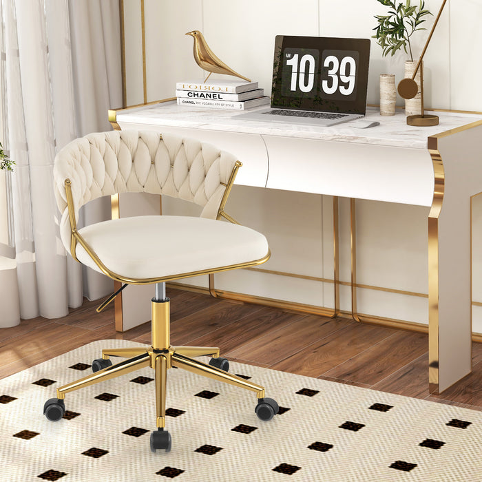 360Â° Height Adjustable Swivel Upholstered Desk Computer Chair with Hand-woven Back-Beige