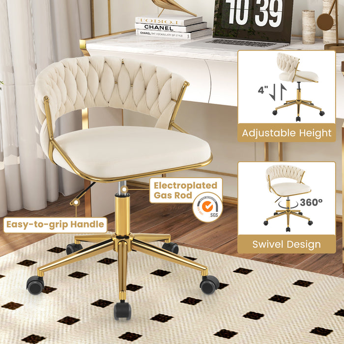 360Â° Height Adjustable Swivel Upholstered Desk Computer Chair with Hand-woven Back-Beige