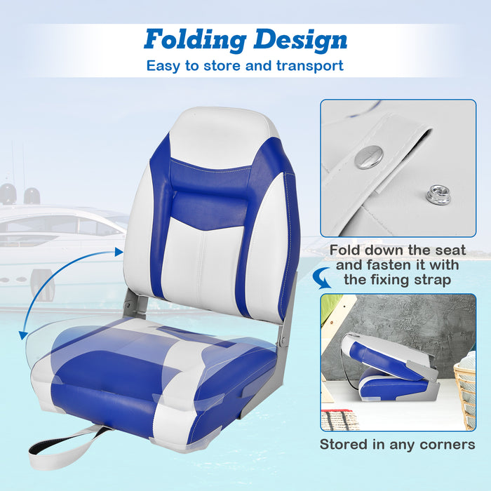 High Back Folding Boat Seat with Blue White Sponge Cushion and Flexible Hinges-Blue