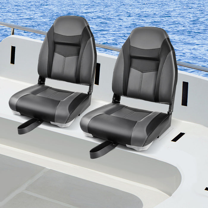 High Back Folding Boat Seats with Black Grey Sponge Cushion and Flexible Hinges-Black