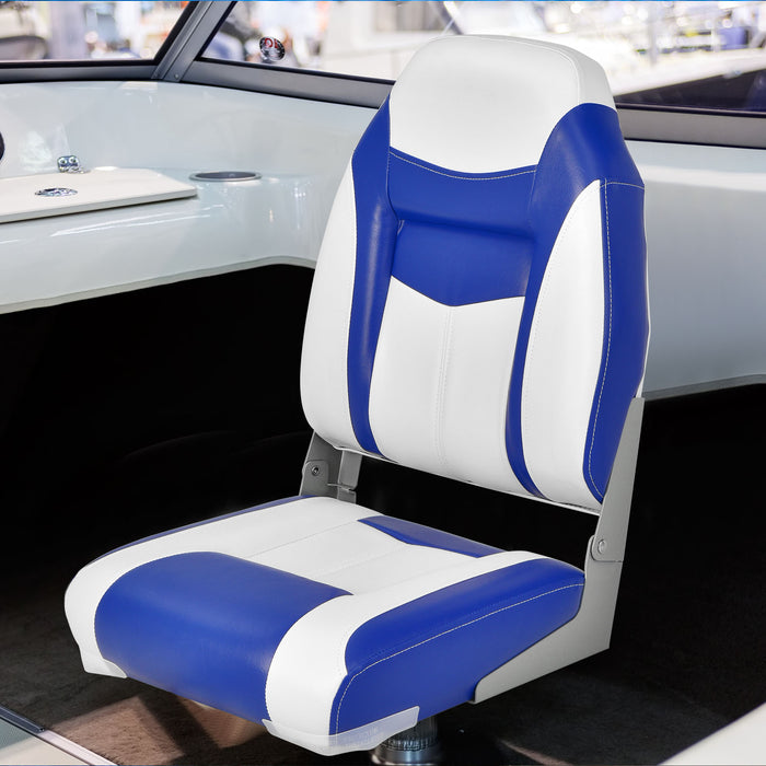 High Back Folding Boat Seat with Blue White Sponge Cushion and Flexible Hinges-Blue