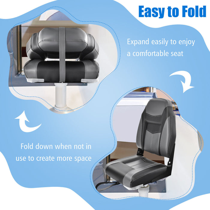 High Back Folding Boat Seats with Black Grey Sponge Cushion and Flexible Hinges-Set of 2