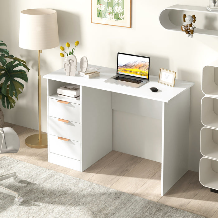 Home Office Desk with Power Outlet 3 Storage Drawers and Open Compartment-White