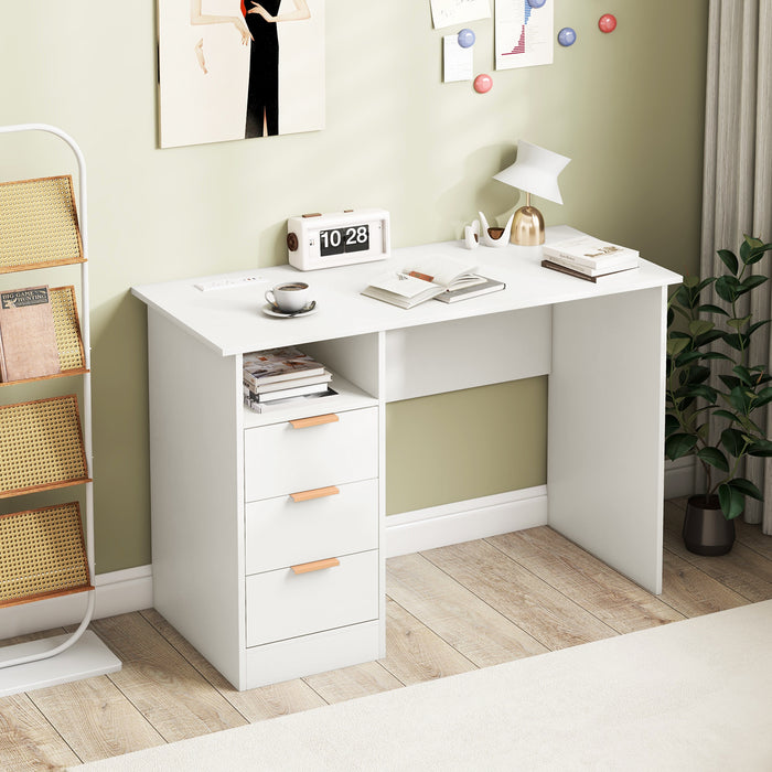 Home Office Desk with Power Outlet 3 Storage Drawers and Open Compartment-White