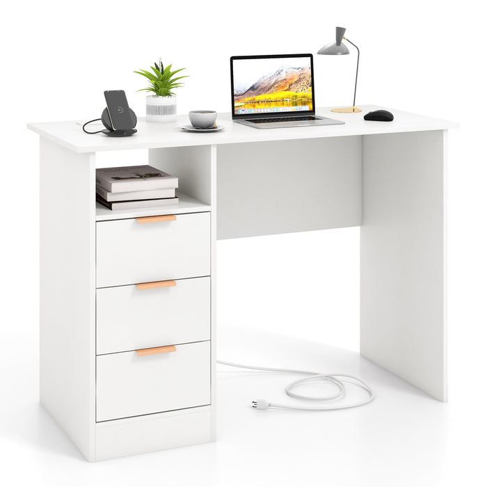 Home Office Desk with Power Outlet 3 Storage Drawers and Open Compartment-White