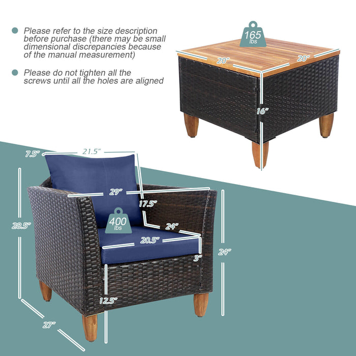 3 Pieces Patio Rattan Bistro Furniture Set with Wooden Table Top-Navy