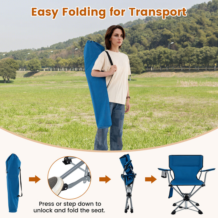 360Â° Swivel Hunting Chair Portable Foldable Hunting Chair with Mesh Cup Holder and Storage Pockets-Blue